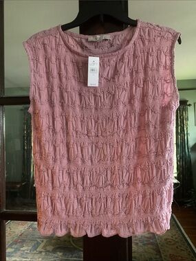 LOFT Pink Scallop-Hem Textured Sleeveless Tank